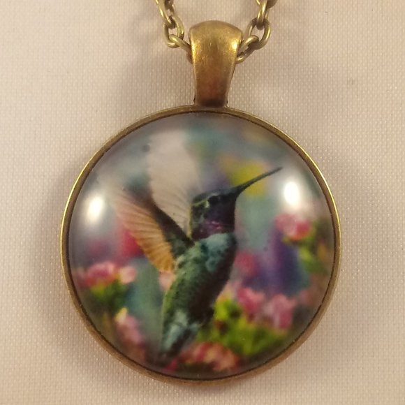 Gold Hummingbird Cabochon Pendant Necklace 20" Gift - Picture 2 of 3